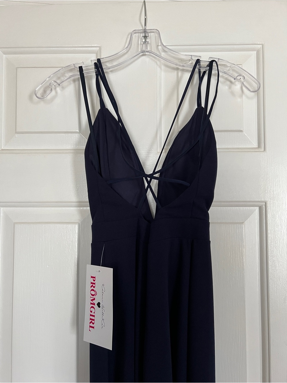 PromGirl Navy Blue Double-Strap V-Neck Maxi Dress